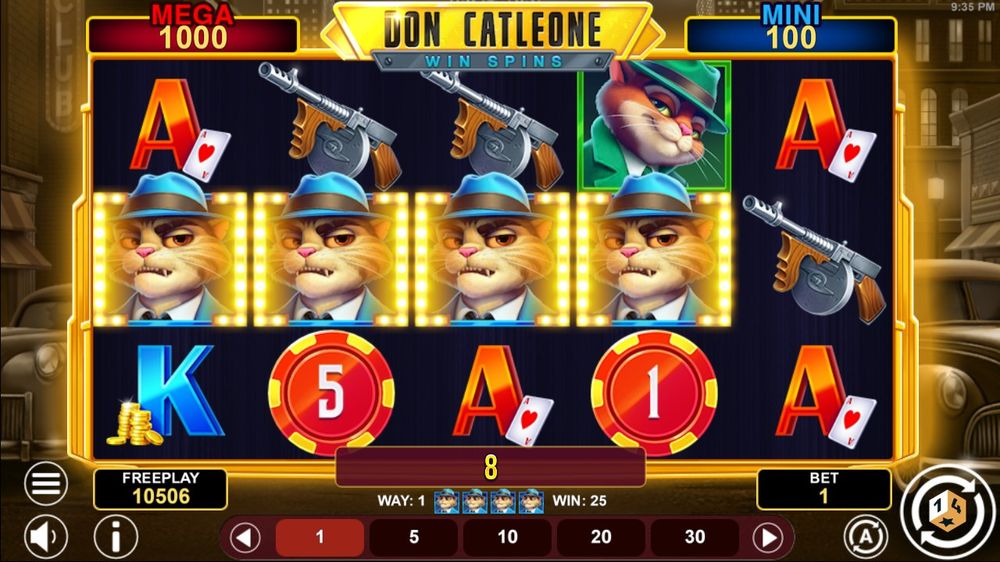 Don Catleone Win Spins — Grunnspillet i gang — fra min egen demoøkt.