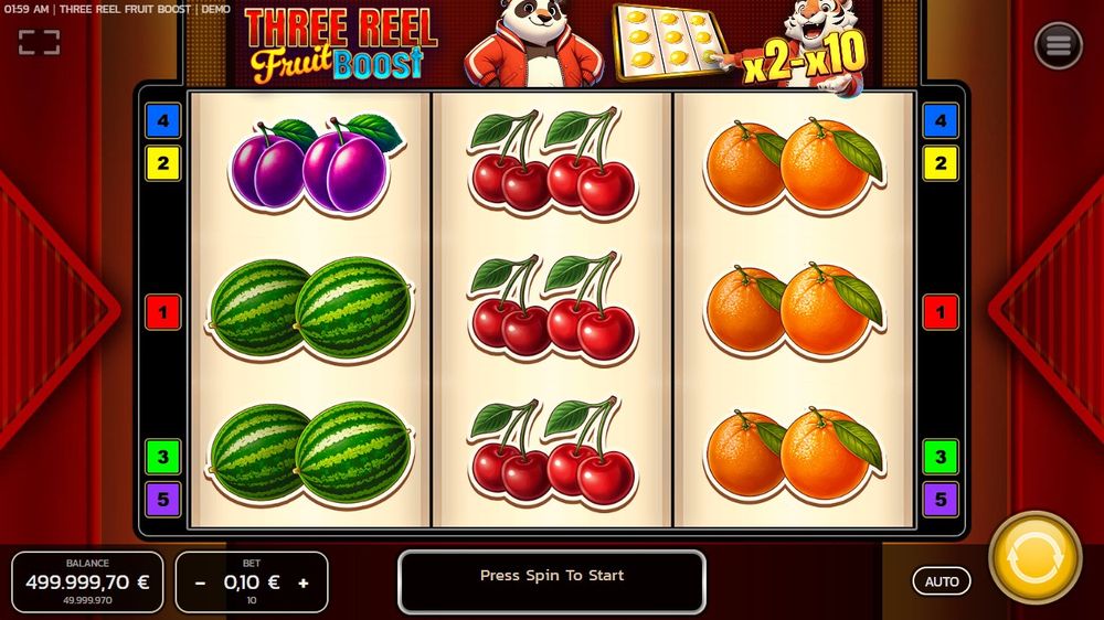 Three Reel Fruit Boost — Grunnspillet i gang — fra min egen demoøkt.