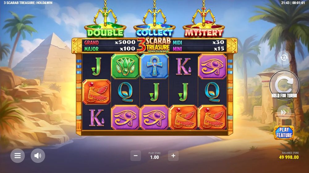 3 Scarab Treasure: Hold & Win — Grunnspillet i gang — fra min egen demoøkt.