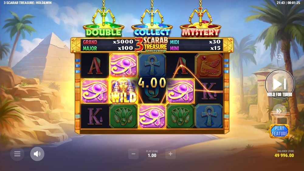 3 Scarab Treasure: Hold & Win — En gevinst bygger seg opp på hjulene.
