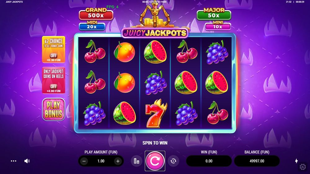 Juicy Jackpots — Grunnspillet i gang — fra min egen demoøkt.